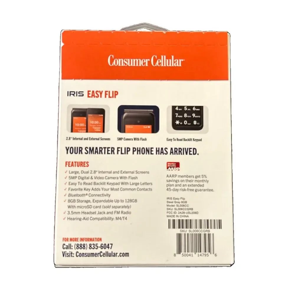 Consumer Cellular Iris Easy Flip Cellphone 8GB Flip Phone Steel Gray New Sealed